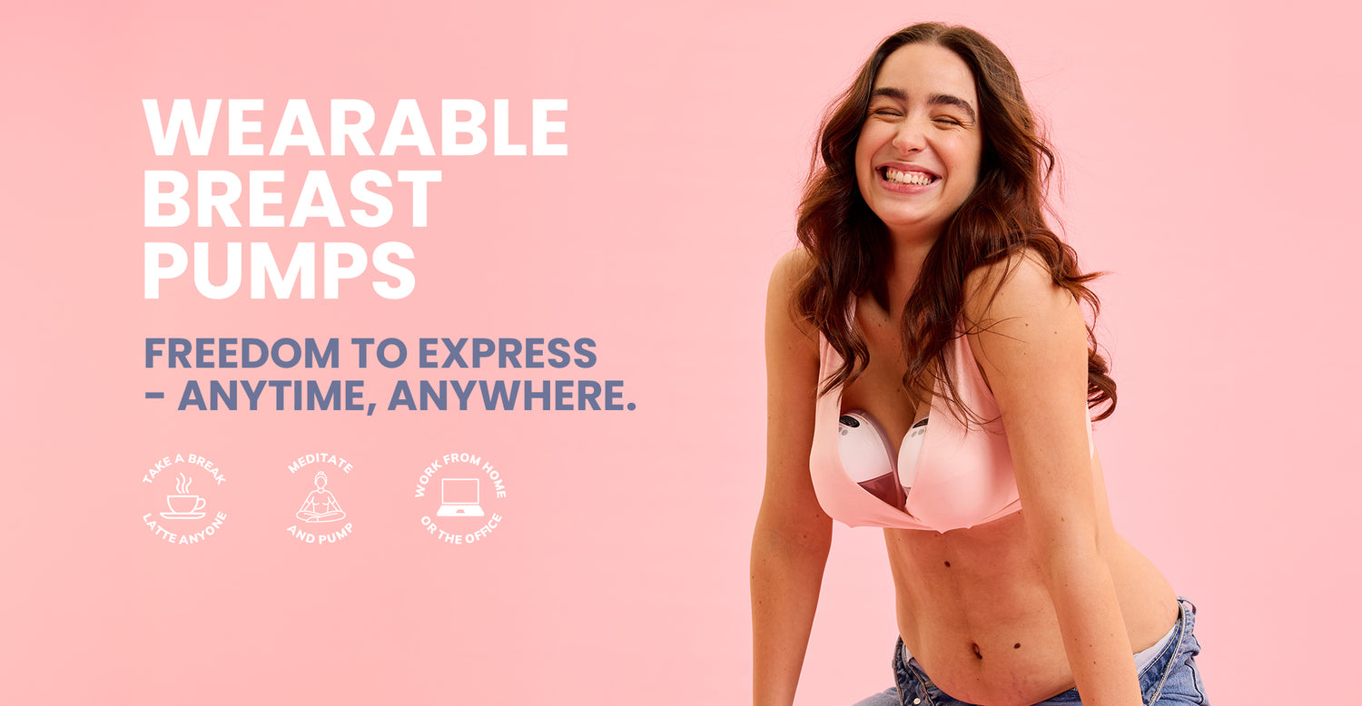 Woman wearing a pink bra with text about wearable breast pumps on a pink background