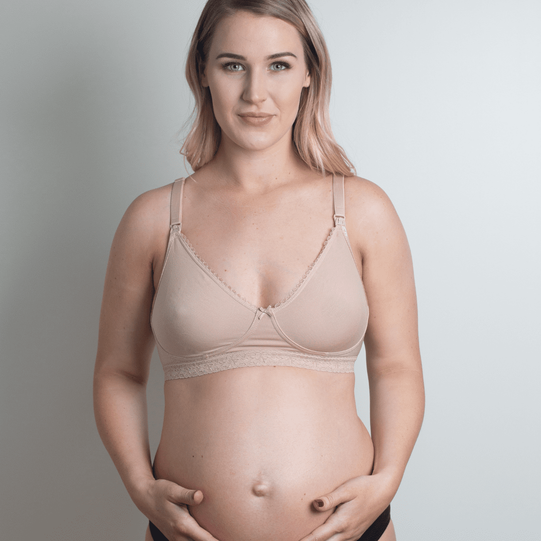 model wearing Diamond Maternity Bra in nude