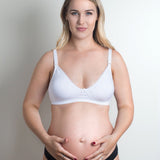model wearing Diamond Maternity Bra in white
